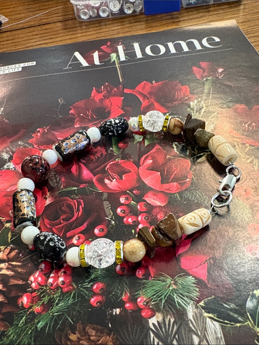 Artisan Brown, Cream and Black Mixed-Bead Bracelet